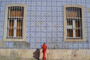 Tiled building with fire hydrant